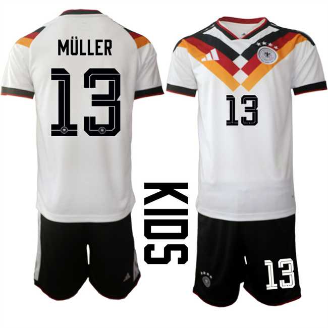 Youth Germany #13 Thomas Muller White 2025 26 Home Soccer Jersey Suit,We sell and wholesale Youth Germany #13 Thomas Muller White 2025 26 Home Soccer Jersey Suit on line form chian!