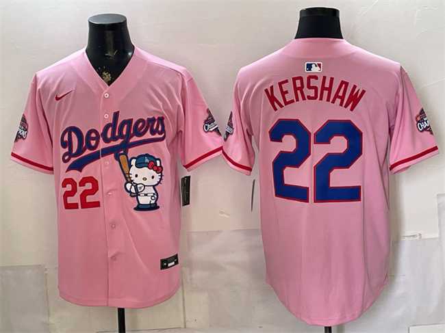 Men's Los Angeles Dodgers #22 Clayton Kershaw Pink Hello Kitty Night 2025 World Series Champions Patch Stitched Jersey Dzhi,We sell and wholesale Men's Los Angeles Dodgers #22 Clayton Kershaw Pink Hello Kitty Night 2025 World Series Champions Patch Stitched Jersey Dzhi on line form chian!