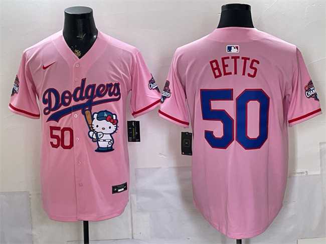 Men's Los Angeles Dodgers #50 Mookie Betts Pink Hello Kitty Night 2025 World Series Champions Patch Stitched Jersey Dzhi,We sell and wholesale Men's Los Angeles Dodgers #50 Mookie Betts Pink Hello Kitty Night 2025 World Series Champions Patch Stitched Jersey Dzhi on line form chian!