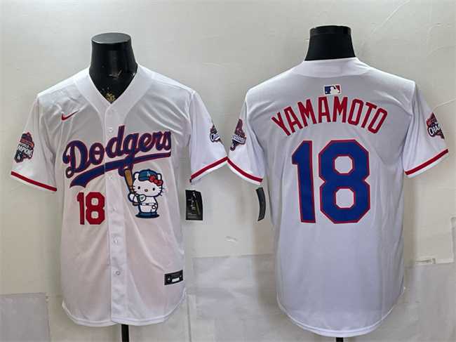 Men's Los Angeles Dodgers #18 Yoshinobu Yamamoto White Hello Kitty Night 2025 World Series Champions Patch Stitched Jersey Dzhi,We sell and wholesale Men's Los Angeles Dodgers #18 Yoshinobu Yamamoto White Hello Kitty Night 2025 World Series Champions Patch Stitched Jersey Dzhi on line form chian!