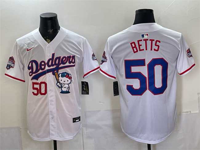 Men's Los Angeles Dodgers #50 Mookie Betts White Hello Kitty Night 2025 World Series Champions Patch Stitched Jersey Dzhi,We sell and wholesale Men's Los Angeles Dodgers #50 Mookie Betts White Hello Kitty Night 2025 World Series Champions Patch Stitched Jersey Dzhi on line form chian!