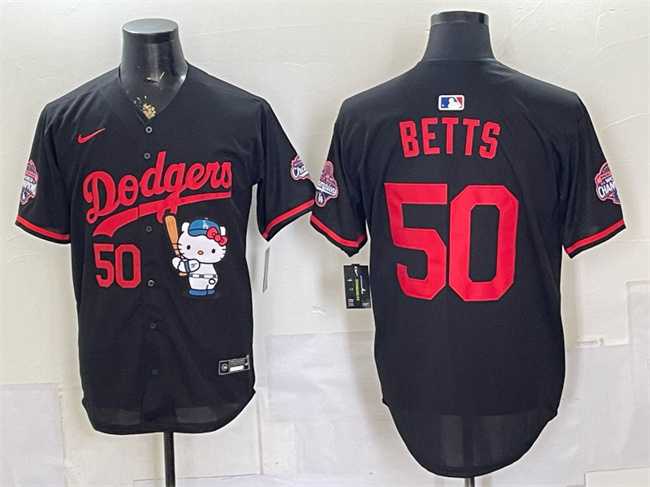 Men's Los Angeles Dodgers #50 Mookie Betts Black Hello Kitty Night 2025 World Series Champions Patch Stitched Jersey Dzhi,We sell and wholesale Men's Los Angeles Dodgers #50 Mookie Betts Black Hello Kitty Night 2025 World Series Champions Patch Stitched Jersey Dzhi on line form chian!