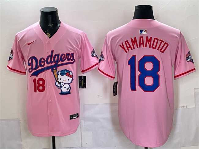 Men's Los Angeles Dodgers #18 Yoshinobu Yamamoto Pink Hello Kitty Night 2025 World Series Champions Patch Stitched Jersey Dzhi,We sell and wholesale Men's Los Angeles Dodgers #18 Yoshinobu Yamamoto Pink Hello Kitty Night 2025 World Series Champions Patch Stitched Jersey Dzhi on line form chian!