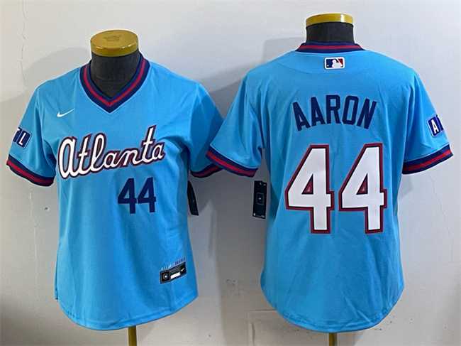 Women's Atlanta Braves #44 Hank Aaron Powder Blue 2026 City Connect Stadium Stitched Jersey,We sell and wholesale Women's Atlanta Braves #44 Hank Aaron Powder Blue 2026 City Connect Stadium Stitched Jersey on line form chian!
