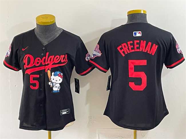 Women's Los Angeles Dodgers #5 Freddie Freeman Black Hello Kitty Night 2025 World Series Champions Patch Stitched Jersey Dzhi,We sell and wholesale Women's Los Angeles Dodgers #5 Freddie Freeman Black Hello Kitty Night 2025 World Series Champions Patch Stitched Jersey Dzhi on line form chian!
