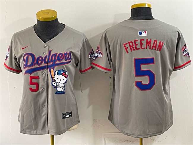 Women's Los Angeles Dodgers #5 Freddie Freeman Grey Hello Kitty Night 2025 World Series Champions Patch Stitched Jersey Dzhi,We sell and wholesale Women's Los Angeles Dodgers #5 Freddie Freeman Grey Hello Kitty Night 2025 World Series Champions Patch Stitched Jersey Dzhi on line form chian!