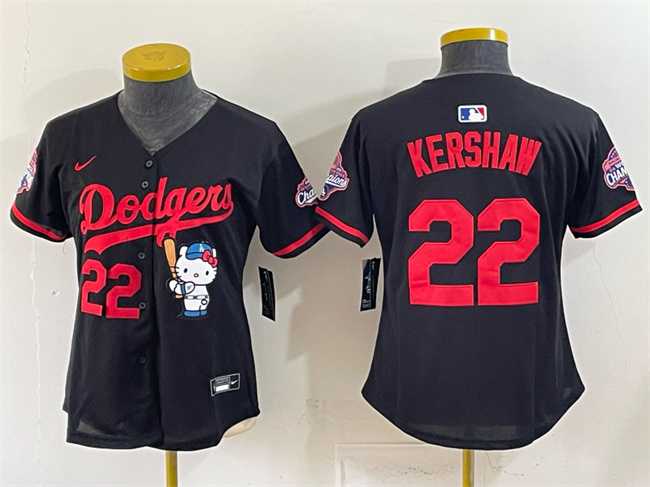 Women's Los Angeles Dodgers #22 Clayton Kershaw Black Hello Kitty Night 2025 World Series Champions Patch Stitched Jersey Dzhi,We sell and wholesale Women's Los Angeles Dodgers #22 Clayton Kershaw Black Hello Kitty Night 2025 World Series Champions Patch Stitched Jersey Dzhi on line form chian!