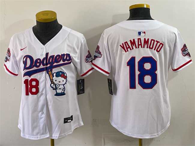 Women's Los Angeles Dodgers #18 Yoshinobu Yamamoto White Hello Kitty Night 2025 World Series Champions Patch Stitched Jersey Dzhi,We sell and wholesale Women's Los Angeles Dodgers #18 Yoshinobu Yamamoto White Hello Kitty Night 2025 World Series Champions Patch Stitched Jersey Dzhi on line form chian!