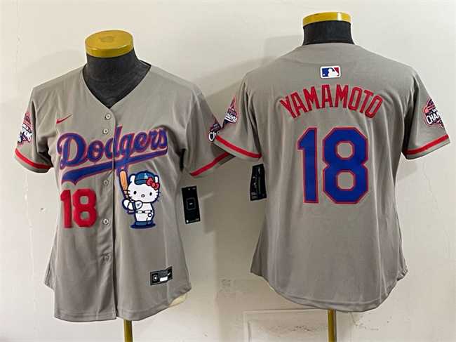 Women's Los Angeles Dodgers #18 Yoshinobu Yamamoto Grey Hello Kitty Night 2025 World Series Champions Patch Stitched Jersey Dzhi,We sell and wholesale Women's Los Angeles Dodgers #18 Yoshinobu Yamamoto Grey Hello Kitty Night 2025 World Series Champions Patch Stitched Jersey Dzhi on line form chian!