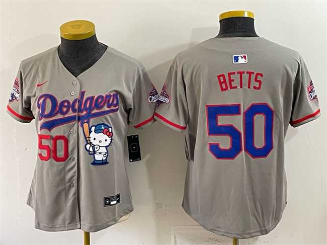 Women's Los Angeles Dodgers #50 Mookie Betts Grey Hello Kitty Night 2025 World Series Champions Patch Stitched Jersey Dzhi,We sell and wholesale Women's Los Angeles Dodgers #50 Mookie Betts Grey Hello Kitty Night 2025 World Series Champions Patch Stitched Jersey Dzhi on line form chian!
