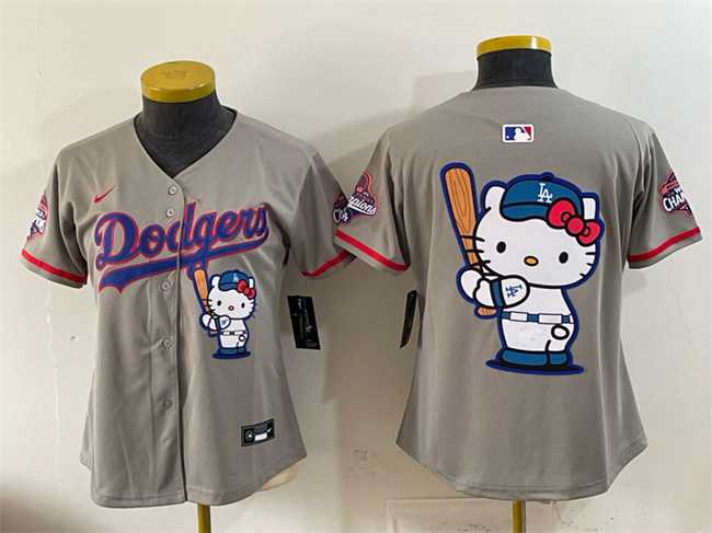 Women's Los Angeles Dodgers Team Big Logo Grey Hello Kitty Night 2025 World Series Champions Patch Stitched Jersey Dzhi,We sell and wholesale Women's Los Angeles Dodgers Team Big Logo Grey Hello Kitty Night 2025 World Series Champions Patch Stitched Jersey Dzhi on line form chian!