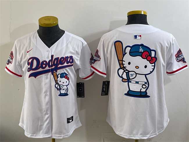 Women's Los Angeles Dodgers Team Big Logo White Hello Kitty Night 2025 World Series Champions Patch Stitched Jersey Dzhi,We sell and wholesale Women's Los Angeles Dodgers Team Big Logo White Hello Kitty Night 2025 World Series Champions Patch Stitched Jersey Dzhi on line form chian!
