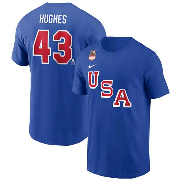 Men's US Hockey #43 Quinn Hughes Royal 2026 Name & Number T-Shirt,We sell and wholesale Men's US Hockey #43 Quinn Hughes Royal 2026 Name & Number T-Shirt on line form chian!