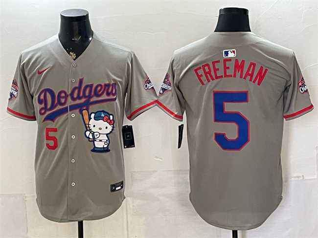 Men's Los Angeles Dodgers #5 Freddie Freeman Grey Hello Kitty Night 2025 World Series Champions Patch Stitched Jersey,We sell and wholesale Men's Los Angeles Dodgers #5 Freddie Freeman Grey Hello Kitty Night 2025 World Series Champions Patch Stitched Jersey on line form chian!