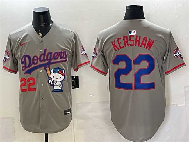 Men's Los Angeles Dodgers #22 Clayton Kershaw Grey Hello Kitty Night 2025 World Series Champions Patch Stitched Jersey,We sell and wholesale Men's Los Angeles Dodgers #22 Clayton Kershaw Grey Hello Kitty Night 2025 World Series Champions Patch Stitched Jersey on line form chian!