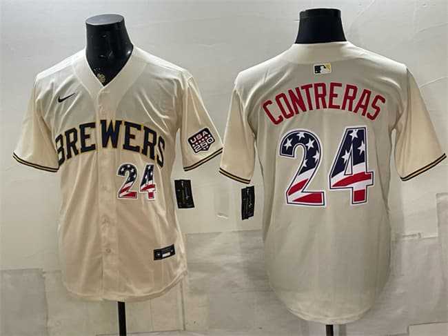 Men's Milwaukee Brewers #24 William Contreras Cream 2026 USA 250 Fourth of July Home Stadium Stitched Jersey Dzhi,We sell and wholesale Men's Milwaukee Brewers #24 William Contreras Cream 2026 USA 250 Fourth of July Home Stadium Stitched Jersey Dzhi on line form chian!
