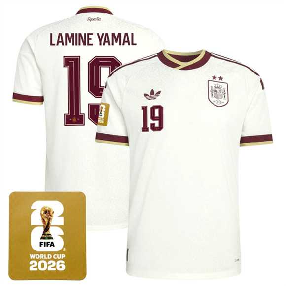 Men's Spain Team #19 Lamine Yamal White 2026 World Cup Away Soccer Jersey,We sell and wholesale Men's Spain Team #19 Lamine Yamal White 2026 World Cup Away Soccer Jersey on line form chian!