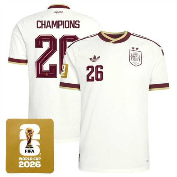 Men's Spain Team #26 Champions White 2026 World Cup Away Soccer Jersey,We sell and wholesale Men's Spain Team #26 Champions White 2026 World Cup Away Soccer Jersey on line form chian!