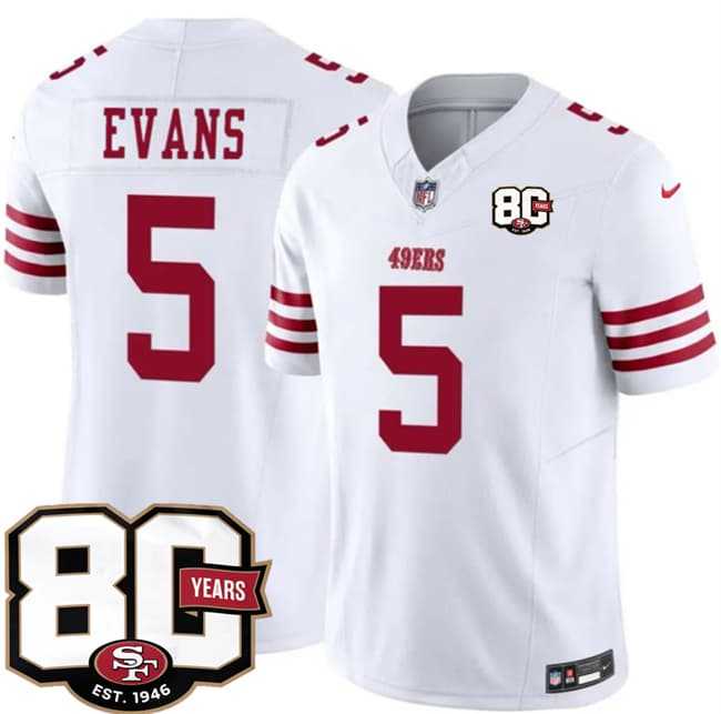 Men's San Francisco 49ers #5 Mike Evans White 80th Anniversary Patch 2026 F.U.S.E. Vapor Untouchable Limited Stitched Jersey Dzhi,We sell and wholesale Men's San Francisco 49ers #5 Mike Evans White 80th Anniversary Patch 2026 F.U.S.E. Vapor Untouchable Limited Stitched Jersey Dzhi on line form chian!