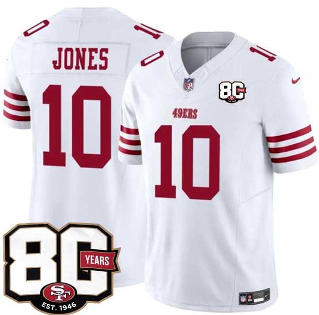 Men's San Francisco 49ers #10 Mac Jones White 80th Anniversary Patch 2026 F.U.S.E. Vapor Untouchable Limited Stitched Jersey Dzhi,We sell and wholesale Men's San Francisco 49ers #10 Mac Jones White 80th Anniversary Patch 2026 F.U.S.E. Vapor Untouchable Limited Stitched Jersey Dzhi on line form chian!