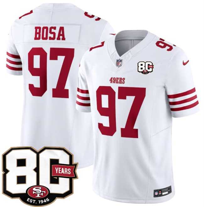 Men's San Francisco 49ers #97 Nick Bosa White 80th Anniversary Patch 2026 F.U.S.E. Vapor Untouchable Limited Stitched Jersey Dzhi,We sell and wholesale Men's San Francisco 49ers #97 Nick Bosa White 80th Anniversary Patch 2026 F.U.S.E. Vapor Untouchable Limited Stitched Jersey Dzhi on line form chian!