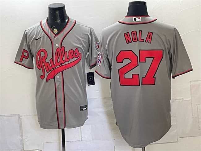 Men's Philadelphia Phillies #27 Aaron Nola Gray 2026 Field of Dreams Stadium Stitched Jersey,We sell and wholesale Men's Philadelphia Phillies #27 Aaron Nola Gray 2026 Field of Dreams Stadium Stitched Jersey on line form chian!