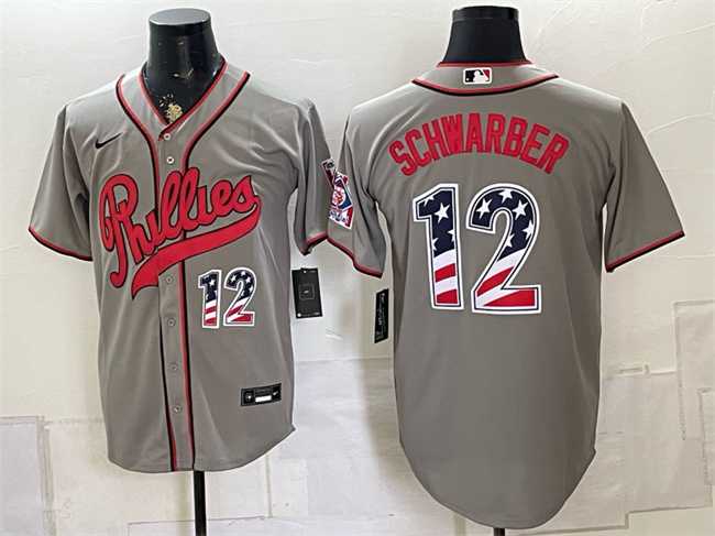 Men's Philadelphia Phillies #12 Kyle Schwarber Gray 2026 Field of Dreams USA 250 Fourth of July Stadium Stitched Jersey Dzhi,We sell and wholesale Men's Philadelphia Phillies #12 Kyle Schwarber Gray 2026 Field of Dreams USA 250 Fourth of July Stadium Stitched Jersey Dzhi on line form chian!