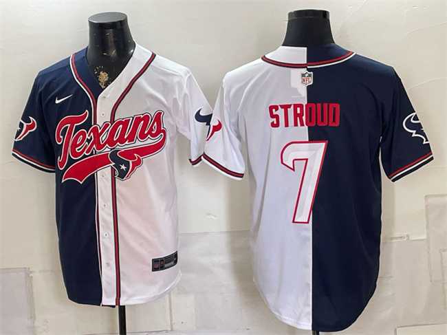 Men's Houston Texans #7 C.J. Stroud Navy White Split With Patch Cool Base Stitched Baseball Jersey,We sell and wholesale Men's Houston Texans #7 C.J. Stroud Navy White Split With Patch Cool Base Stitched Baseball Jersey on line form chian!