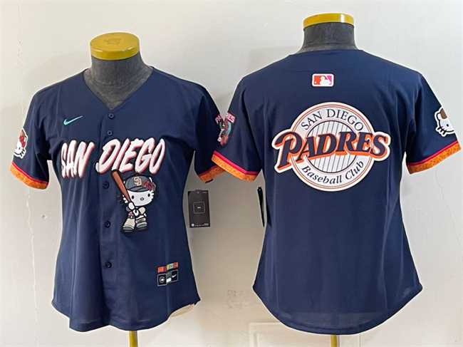Women's San Diego Padres X Hello Kitty Team Big Logo Obsidian 2026 City Connect Stadium Stitched Baseball Jersey(Run Small),We sell and wholesale Women's San Diego Padres X Hello Kitty Team Big Logo Obsidian 2026 City Connect Stadium Stitched Baseball Jersey(Run Small) on line form chian!