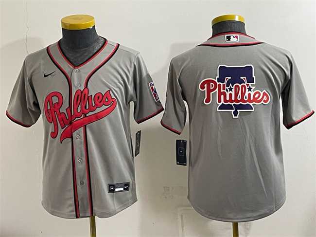 Youth Philadelphia Phillies Team Big Logo Gray 2026 Field of Dreams Stadium Stitched Baseball Jersey,We sell and wholesale Youth Philadelphia Phillies Team Big Logo Gray 2026 Field of Dreams Stadium Stitched Baseball Jersey on line form chian!