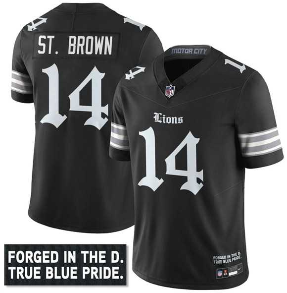 Men's Detroit Lions #14 Amon-Ra St. Brown Black F.U.S.E. 'Gothic Motor City Edition' Vapor Limited Stitched Jersey Dyin,We sell and wholesale Men's Detroit Lions #14 Amon-Ra St. Brown Black F.U.S.E. 'Gothic Motor City Edition' Vapor Limited Stitched Jersey Dyin on line form chian!
