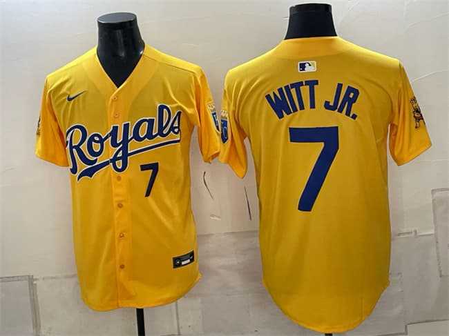 Men's Kansas City Royals #7 Bobby Witt Jr. Gold Sluggerrr Patch Vapor Limited Stitched Jersey,We sell and wholesale Men's Kansas City Royals #7 Bobby Witt Jr. Gold Sluggerrr Patch Vapor Limited Stitched Jersey on line form chian!