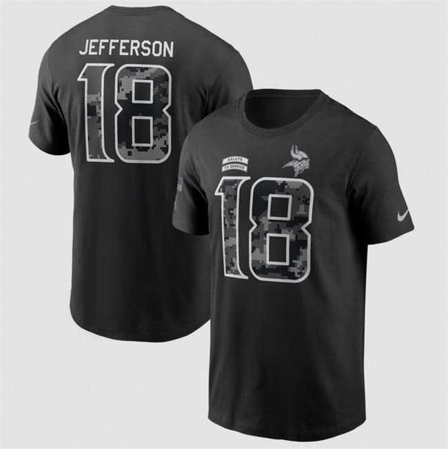 Men's Minnesota Vikings #18 Justin Jefferson Black 2026 Salute to Service Name & Number T-Shirt,We sell and wholesale Men's Minnesota Vikings #18 Justin Jefferson Black 2026 Salute to Service Name & Number T-Shirt on line form chian!